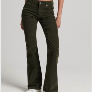 Superdry Mid Rise Slim Cord Flare Jeans in Olive